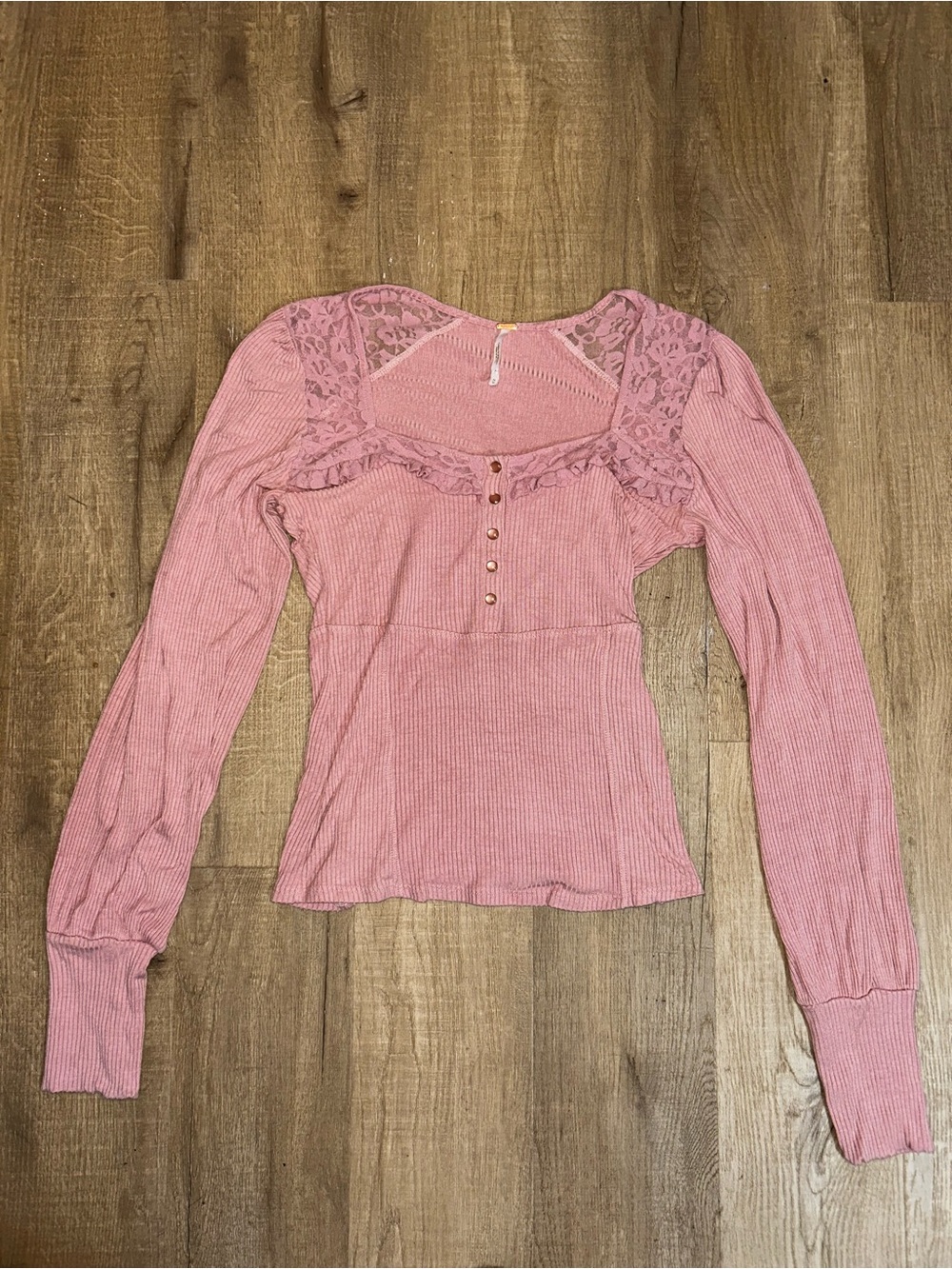 Free People Dusty Pink Lace-Trim Ribbed Long Sleeve Top